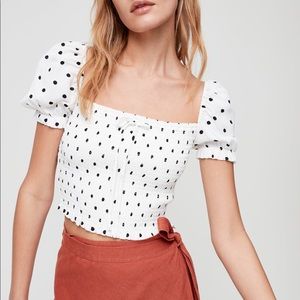 Wilfred smocked neck blouse in Black and white